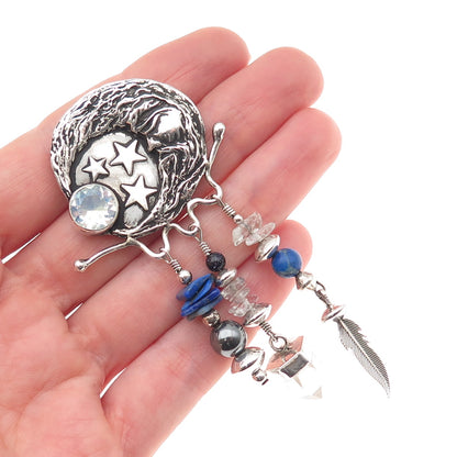 Alan Uchin Sterling Vintage Opalite Hematite Quartz & Lapis Crescent Pin Pendant
