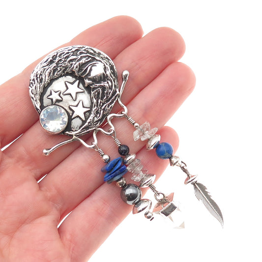 Alan Uchin Sterling Vintage Opalite Hematite Quartz & Lapis Crescent Pin Pendant