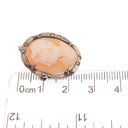 800 Silver Antique Real MOP & Marcasite Lady Cameo Brooch Pendant (missing hook)