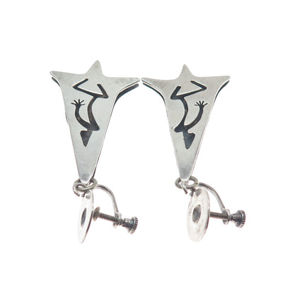 925 Sterling Silver Vintage Mexico Aztec Dancer Oxidized Screw Back Earrings