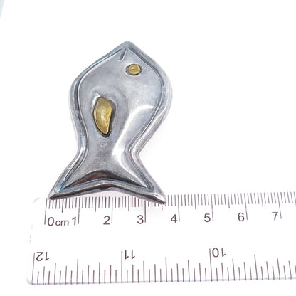 925 Sterling Silver 2-Tone Vintage Mexico Modernist Fish Oxidized Pin Brooch