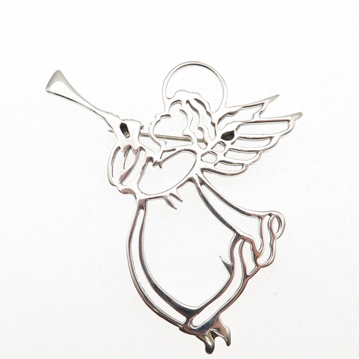 925 Sterling Silver Vintage Angel Playing Trumpet Pin Brooch