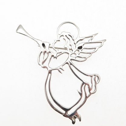 925 Sterling Silver Vintage Angel Playing Trumpet Pin Brooch