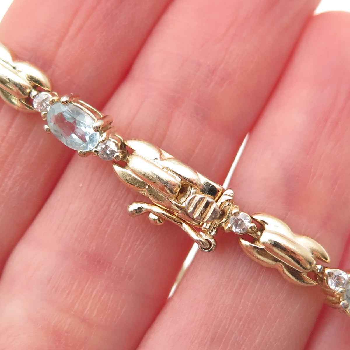 HAN 925 Sterling Silver Gold Plated Real Blue Topaz & C Z Bracelet 7"