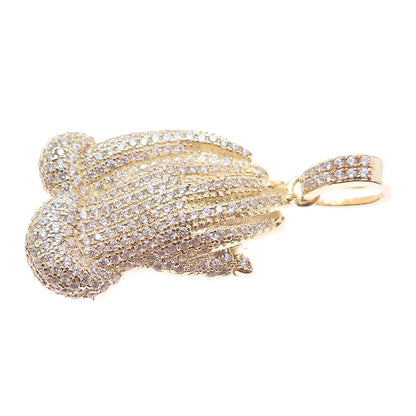 925 Sterling Silver Gold Plated Round-Cut C Z Praying Hands Charm Pendant