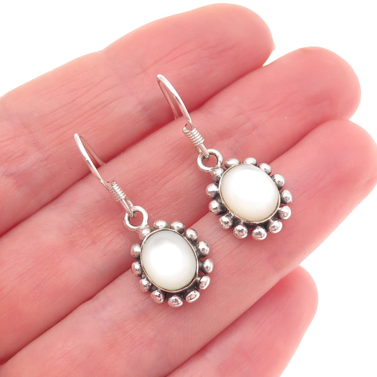 925 Sterling Silver Vintage Real MOP Beaded Dangle Earrings