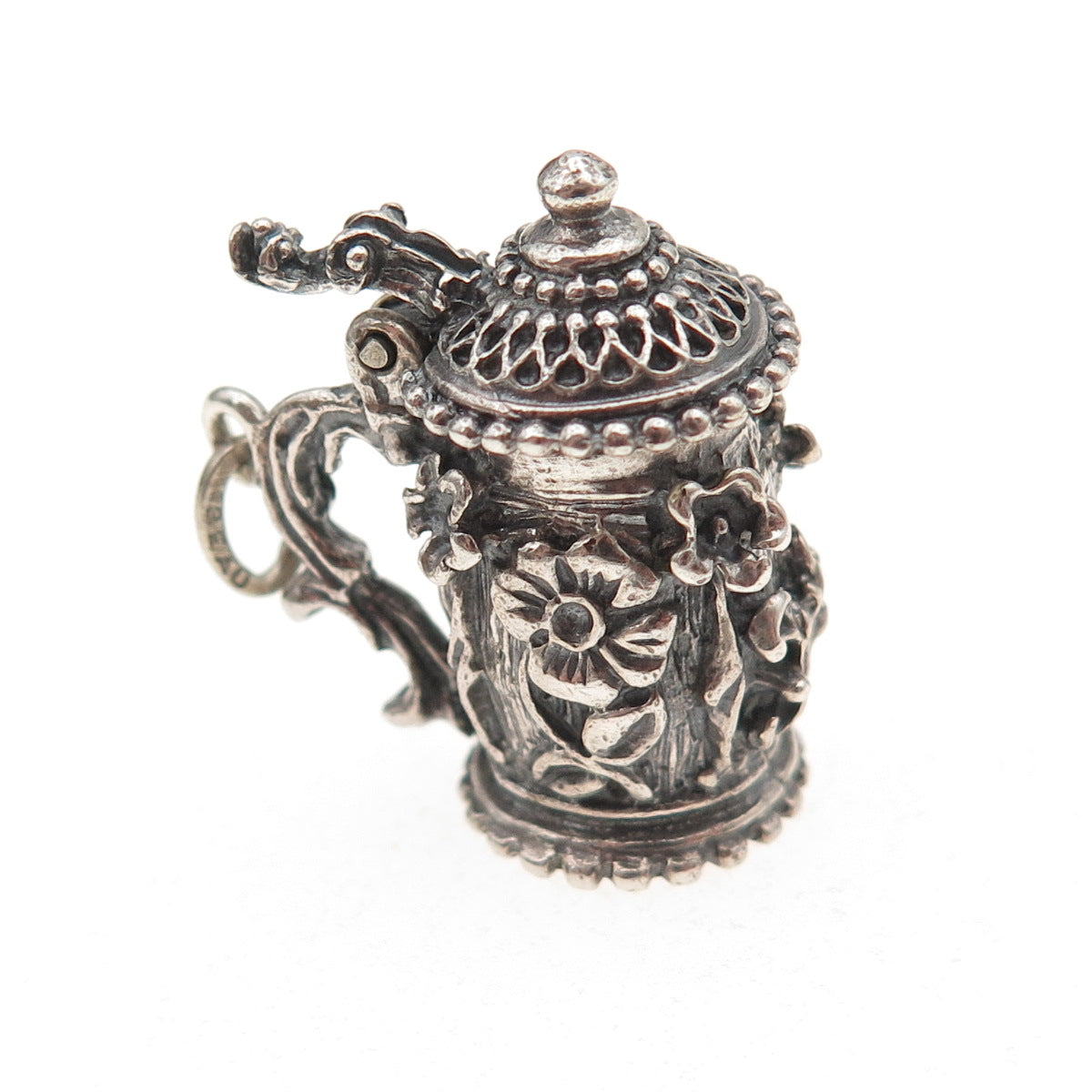 Beau 925 Sterling Silver Antique Art Deco Beer Stein Oxidized Charm Pendant