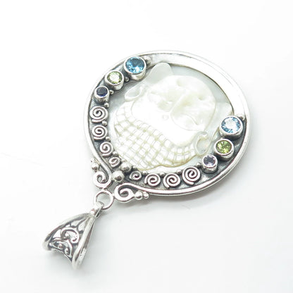 925 Sterling Silver Vintage Real MOP Iolite Topaz Peridot Buddha Amulet Pendant