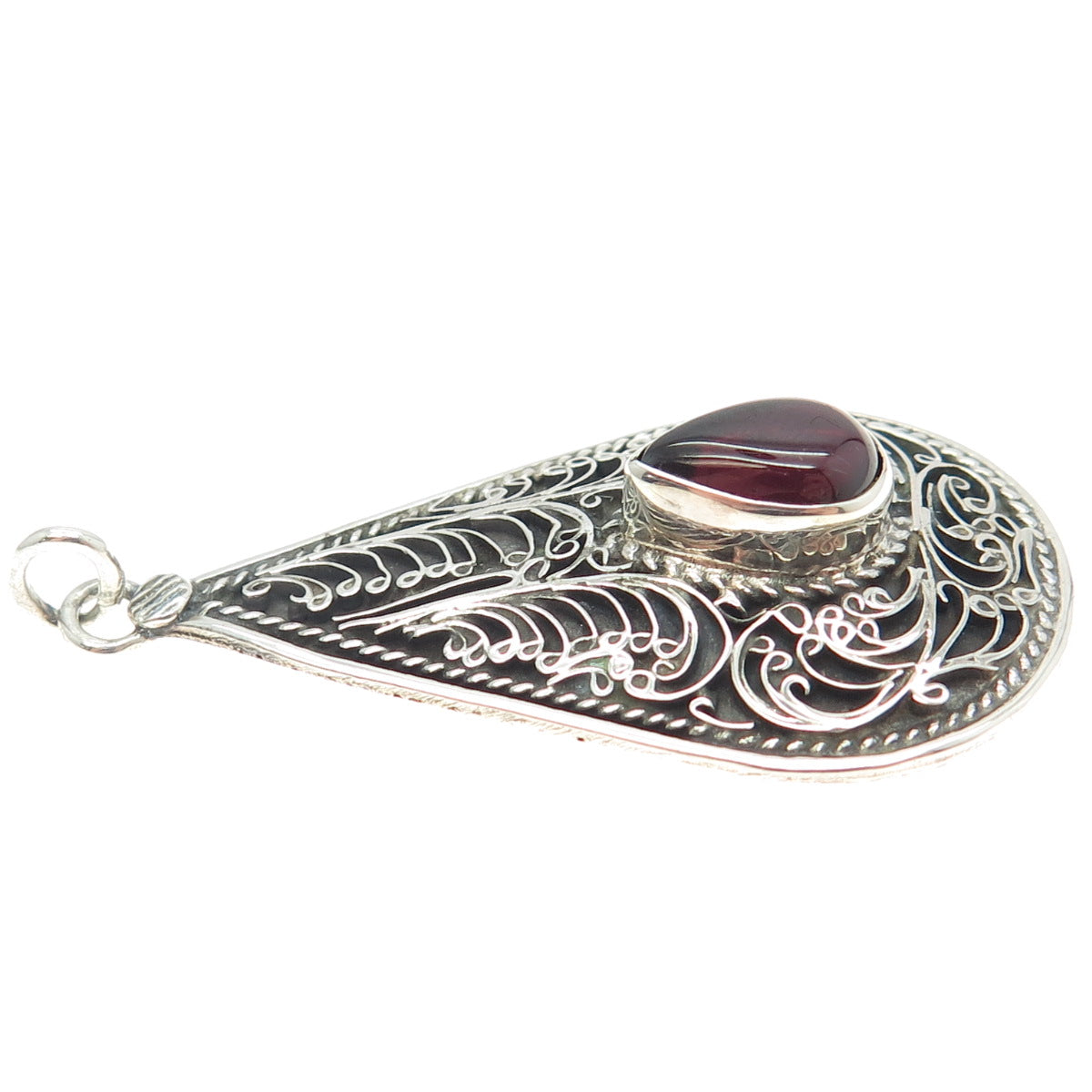 925 Sterling Silver Vintage Real Tourmaline Filigree Teardrop Pendant