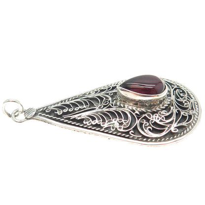 925 Sterling Silver Vintage Real Tourmaline Filigree Teardrop Pendant