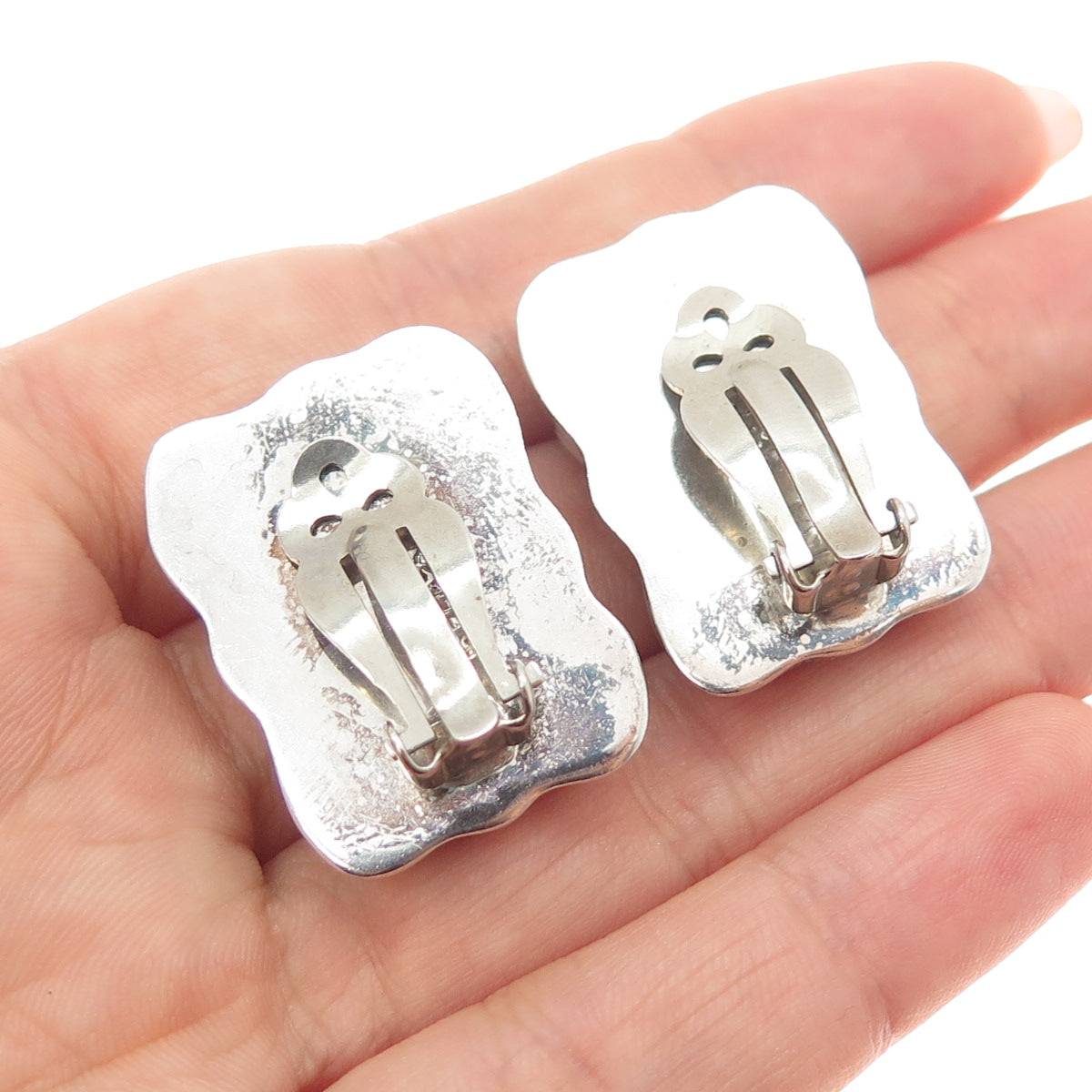 925 Sterling Silver Vintage Mexico Modernist Puffy Oxidized Clip On Earrings