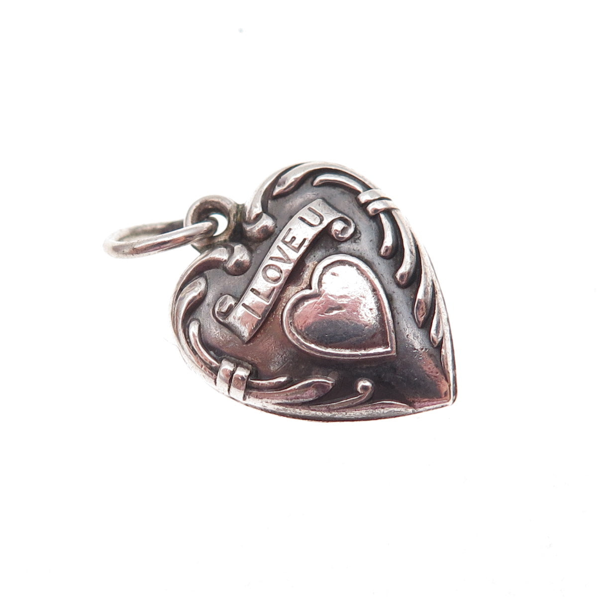 925 Sterling Silver Antique Art Deco I Love You Heart Chatelaine Charm Pendant