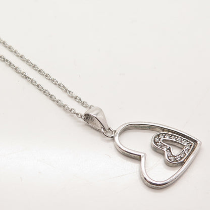 925 Sterling Silver Italy C Z Double Heart Pendant Rolo Chain Necklace 14"