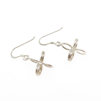 925 Sterling Silver Vintage Modernist Spiral Cross Dangle Earrings