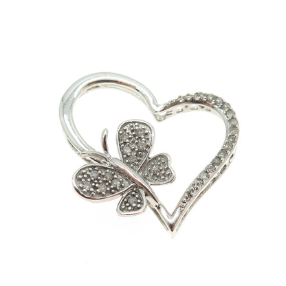 925 Sterling Silver Real Round-Cut Diamond Heart Butterfly Slide Pendant