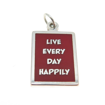 925 Sterling Silver Red Enamel "Live Every Day Happily" Minimalist Charm Pendant