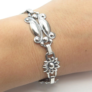 925 Sterling Silver Vintage Floral Link Bracelet 7.5"