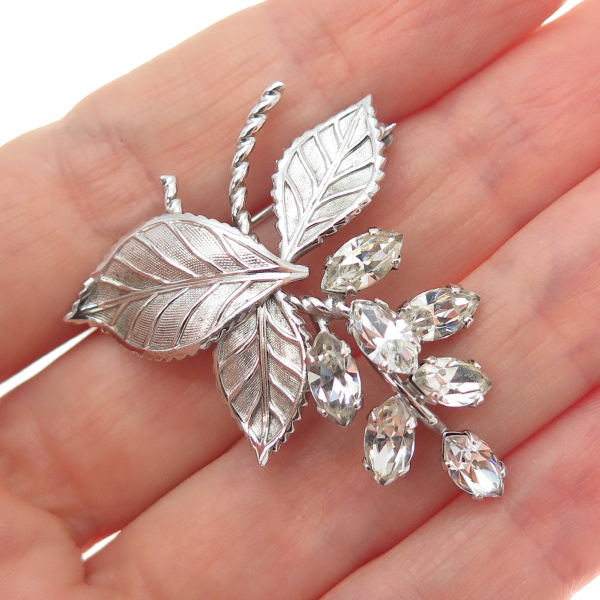 VAN DELL 925 Sterling Silver Antique Art Deco Rhinestone Floral Pin Brooch