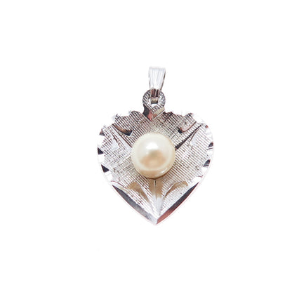 THEDA 925 Sterling Silver Vintage Real Pearl Heart Minimalist Charm Pendant