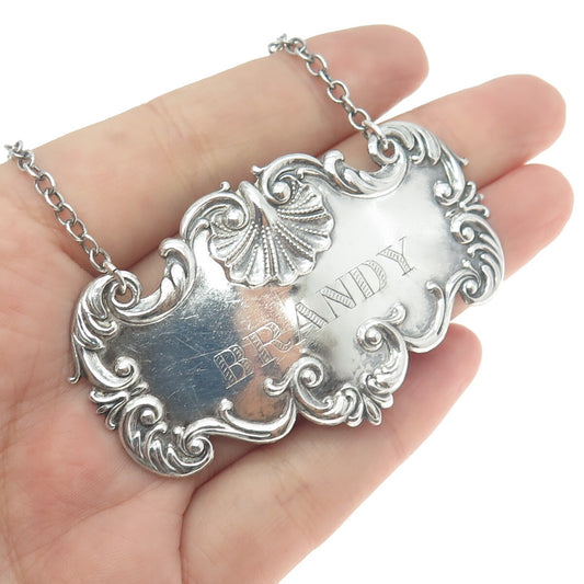 925 Sterling Silver Antique Victorian Repousse Seashell "Brandy" Bottle Tag #354