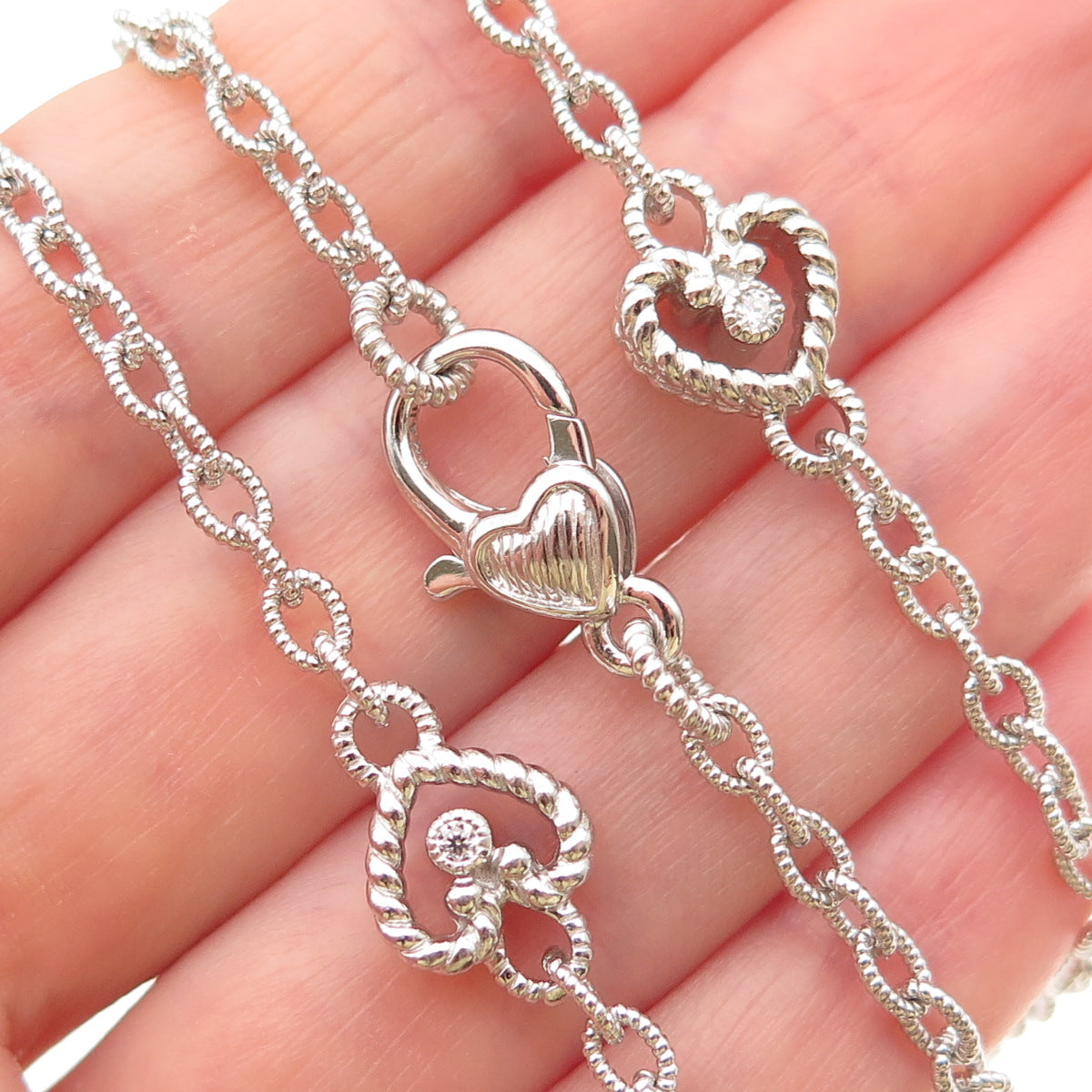 JUDITH RIPKA 925 Sterling Silver Round-Cut C Z Heart Station Chain Necklace 18"
