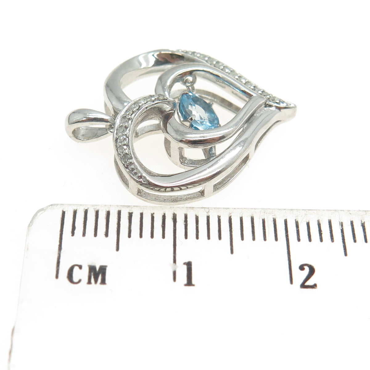 REGINA LANE 925 Sterling Silver Real Round-Cut Diamond Blue Topaz Heart Pendant