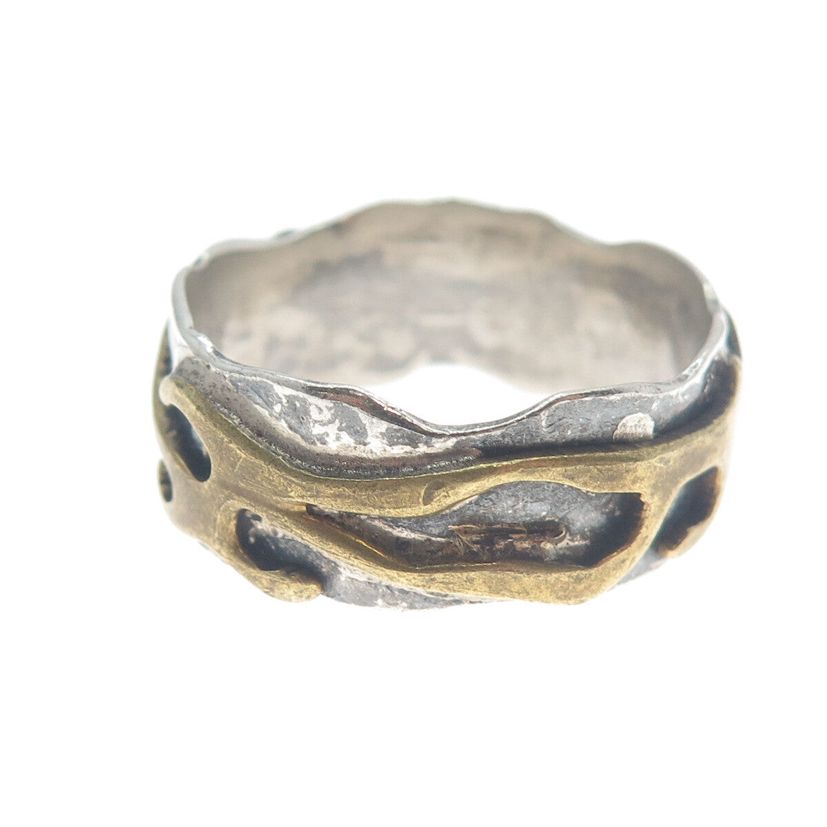 925 Sterling Silver 2-Tone Vintage Modernist Oxidized Band Ring Size 14.5