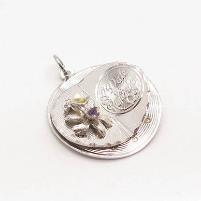 925 Sterling Silver Vintage Old Stock Pearl Amethyst A Date To Remember Pendant
