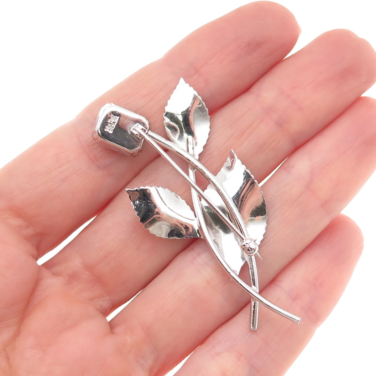 Van Dell 925 Sterling Silver Vintage Rhinestone Floral Pin Brooch