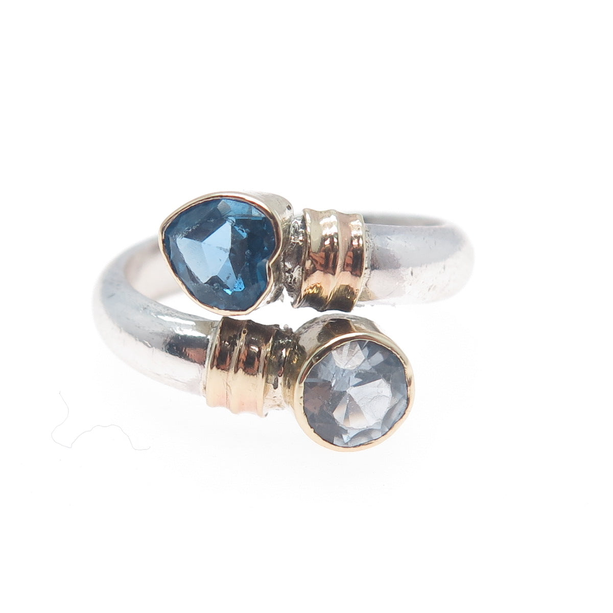 14K Gold 925 Sterling Vintage Real Swiss Blue Topaz Heart Adjustable Ring Size 7