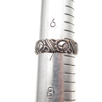 925 Sterling Silver Vintage Rose Flower Oxidized Band Ring Size 7