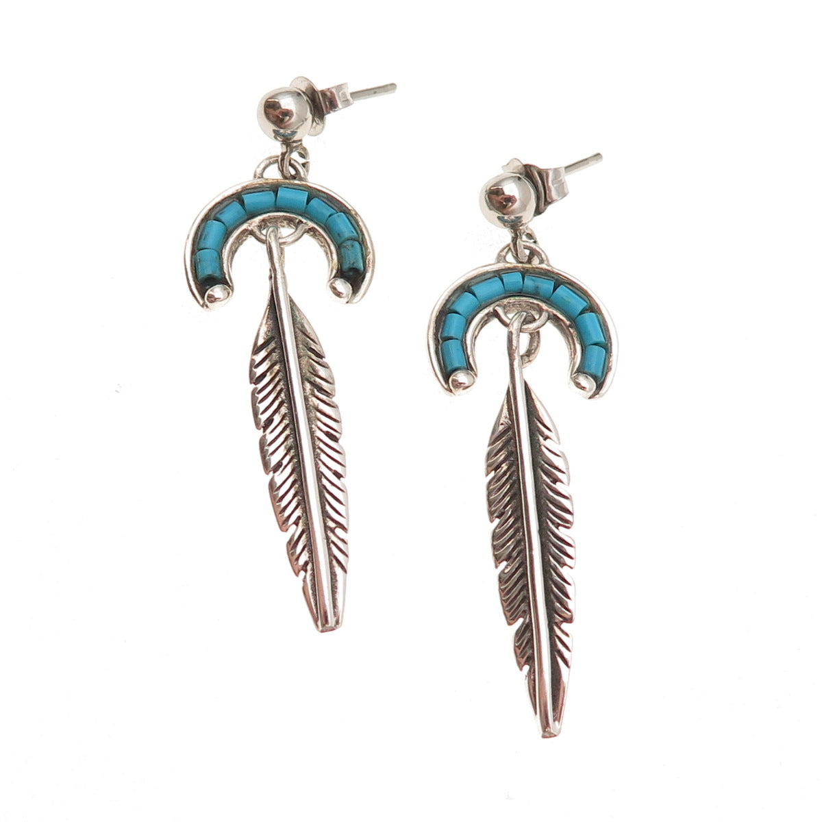 Old Pawn 925 Sterling Silver Vintage Turquoise Feather Tribal Dangle Earrings