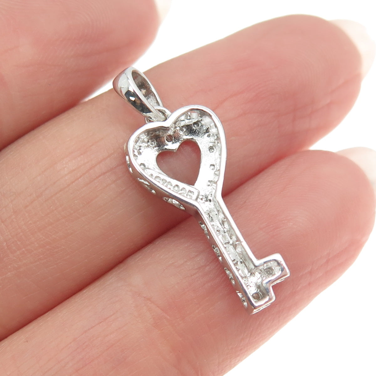 925 Sterling Silver Real Round-Cut Diamond Heart Key Minimalist Charm Pendant