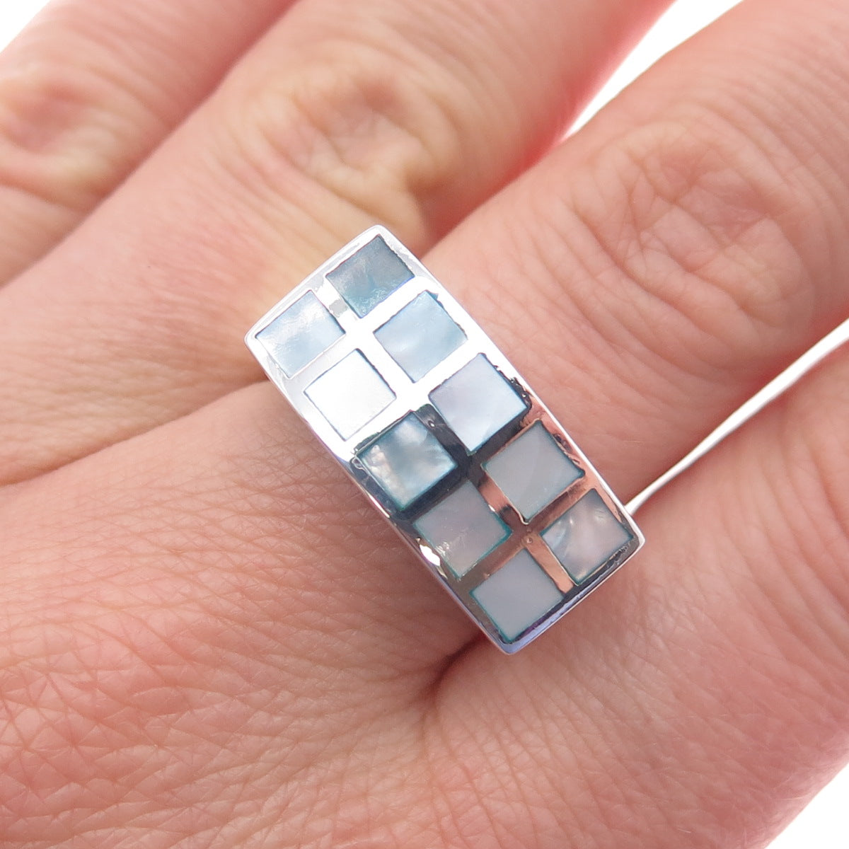 ANNIKA WITT 925 Sterling Silver Vintage Real MOP Modernist Ring Size 9