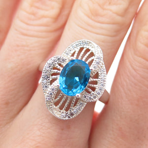 925 Sterling Silver Blue & White C Z Flower Ring Size 7.5