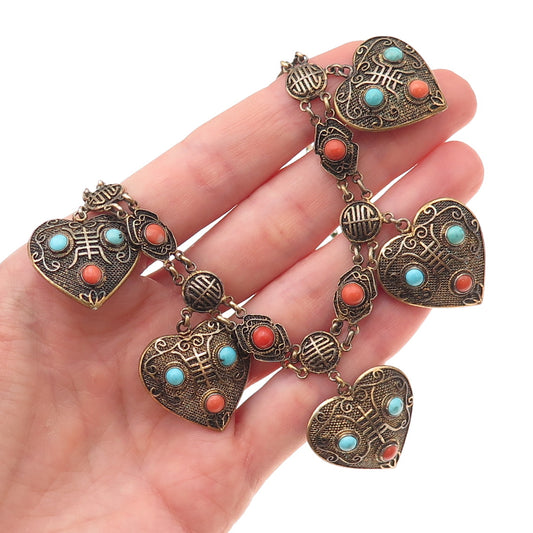 925 Sterling Gold Plated Antique Turquoise & Coral Chinese Heart Necklace 18"