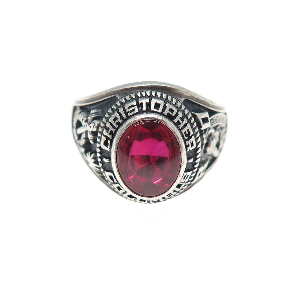 DRILLING Sterling Vintage 1980 Lab-Pink Sapphire C. Columbus School Ring Size 8
