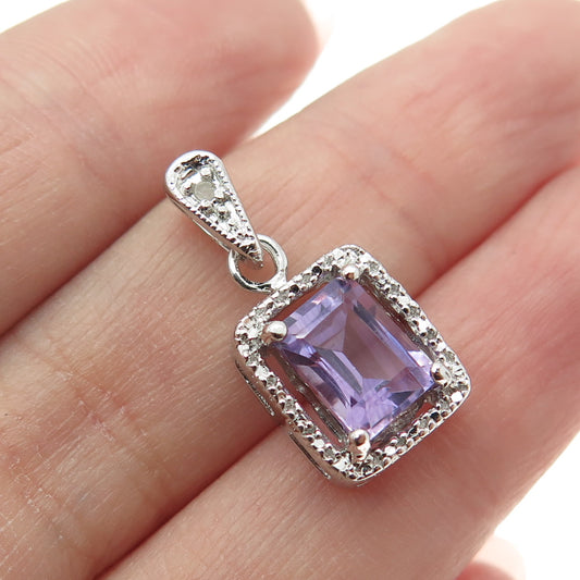 925 Sterling Silver Real White Diamond & Amethyst Gemstone Pendant