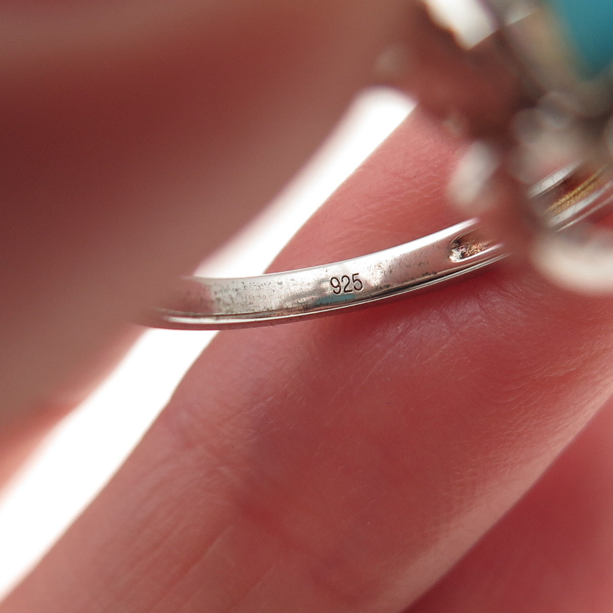 925 Sterling Real Sleeping Beauty Turquoise & White Topaz Floral Ring Size 8