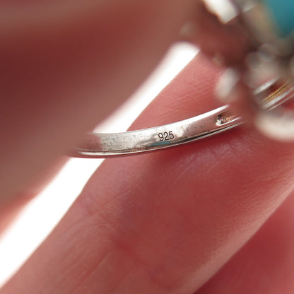 925 Sterling Real Sleeping Beauty Turquoise & White Topaz Floral Ring Size 8