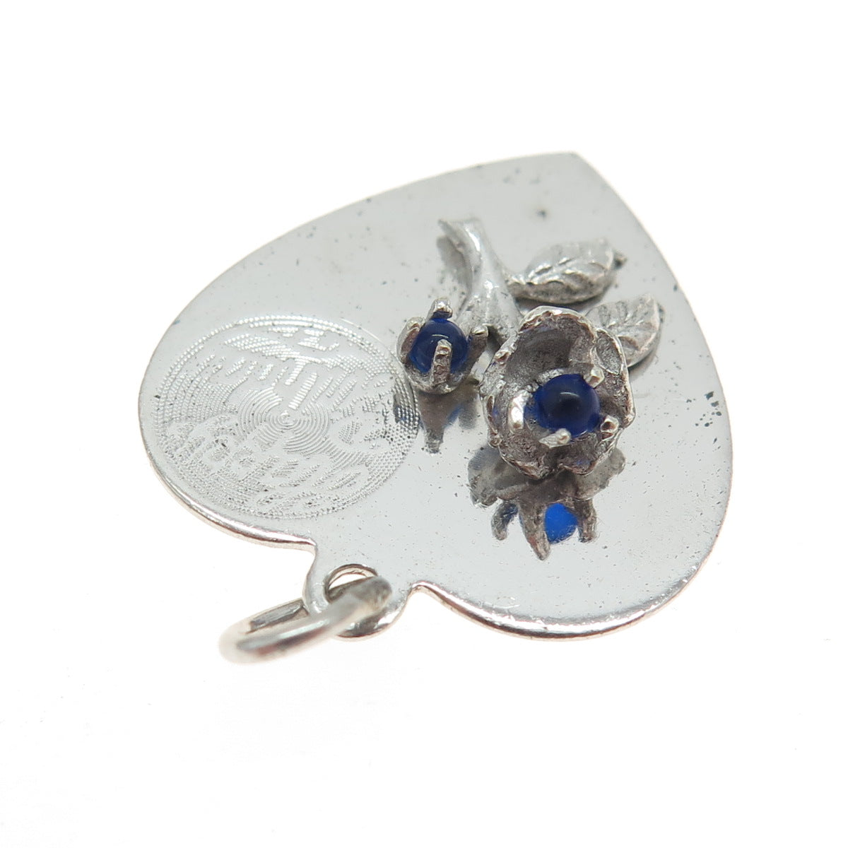 925 Sterling Silver Vintage M&M Blue Glass "Happy Birthday" Rose Heart Pendant