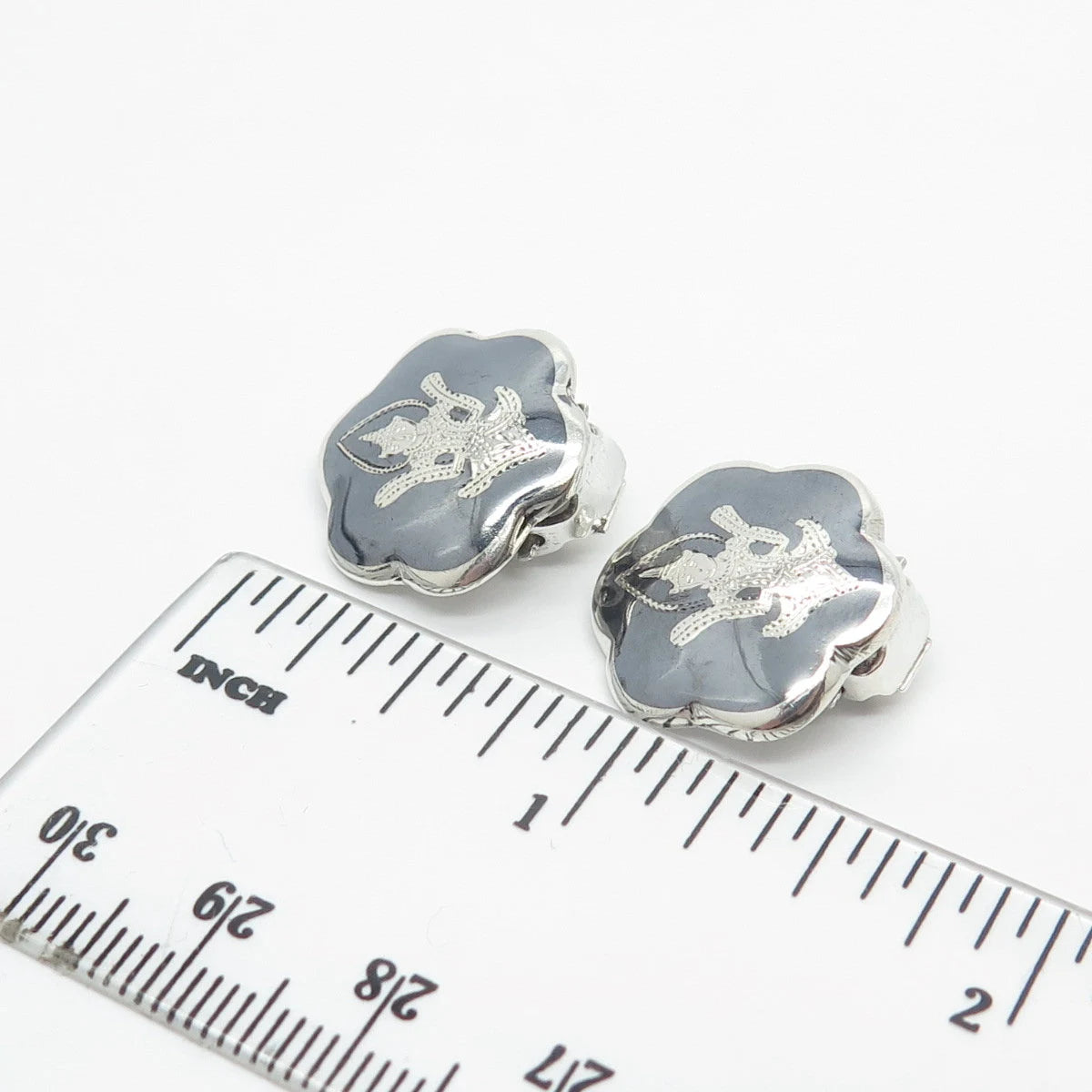 925 Sterling Silver Vintage Siam Enamel Niello Hindu Goddess Clip On Earrings