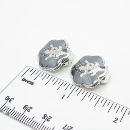 925 Sterling Silver Vintage Siam Enamel Niello Hindu Goddess Clip On Earrings