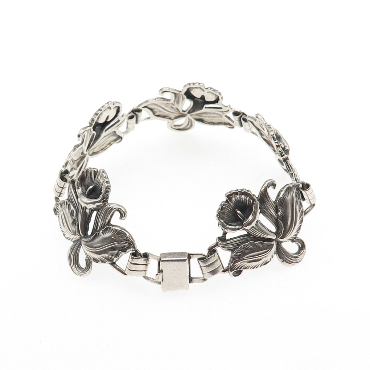 925 Sterling Silver Antique Art Deco Trumpet Flower Bracelet 7.5" Pat. 236854
