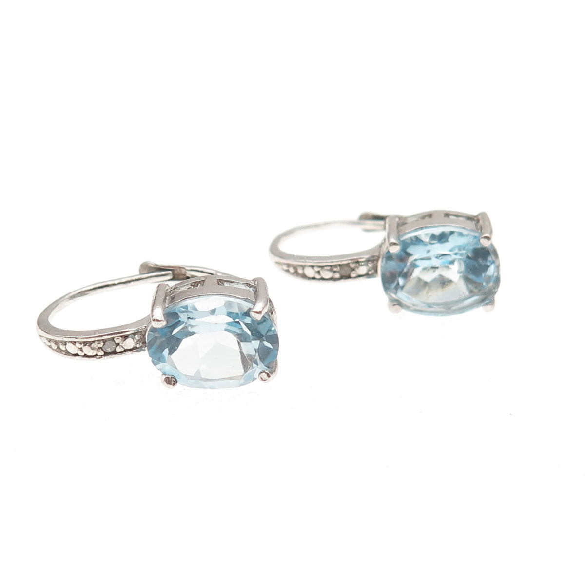 925 Sterling Silver Real Round-Cut Diamond & Oval-Cut Blue Topaz Earrings