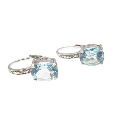 925 Sterling Silver Real Round-Cut Diamond & Oval-Cut Blue Topaz Earrings
