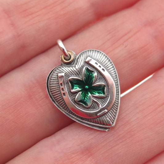 925 Sterling Antique Enamel Clover Horseshoe Chatelaine Heart Mini Slide Pendant