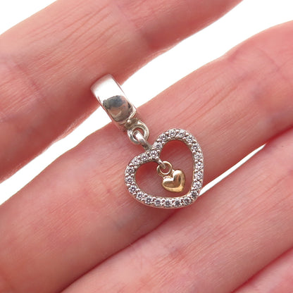 Pandora 925 Sterling Silver Gold Accent C Z Forever in My Heart Dangle Charm