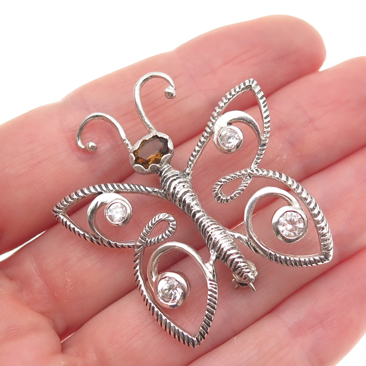 925 Sterling Silver Vintage Real Smoky Quartz & C Z Butterfly Pin Brooch