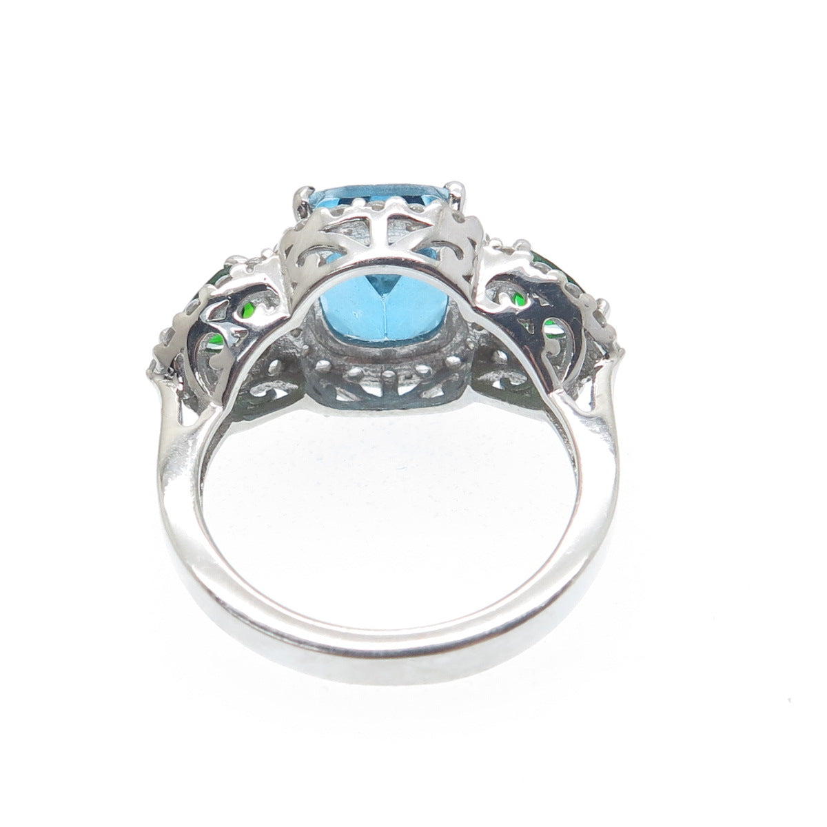 DSMK 925 Sterling Silver Real White & Blue Topaz Chrome Diopside Gem Ring Size 7